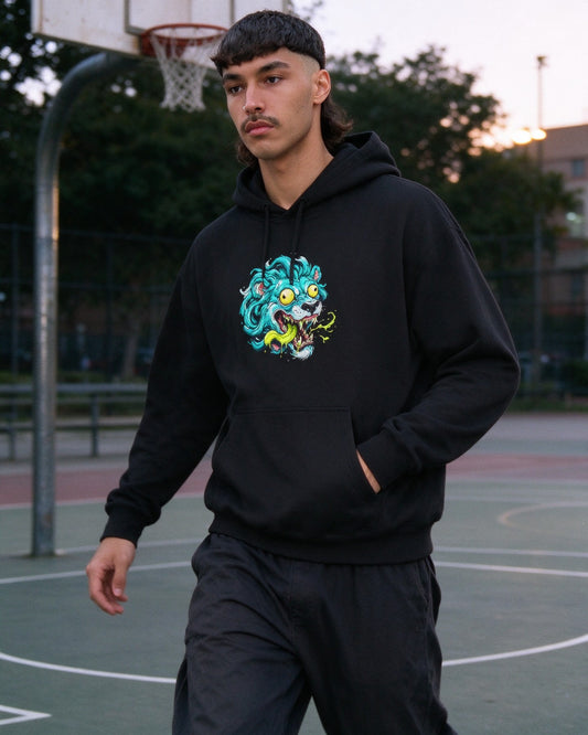 Psycho Lion Hoodie worn on the street — Urban Kong