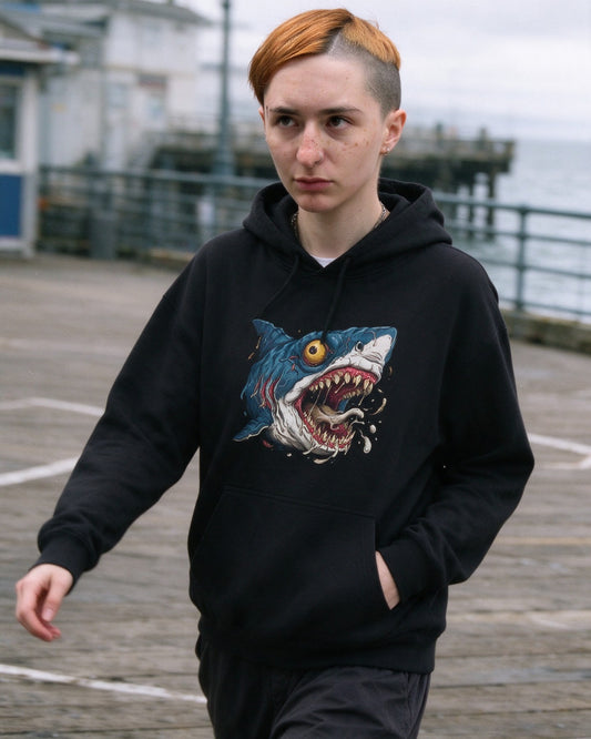 Psycho Shark Hoodie worn on the street — Urban Kong