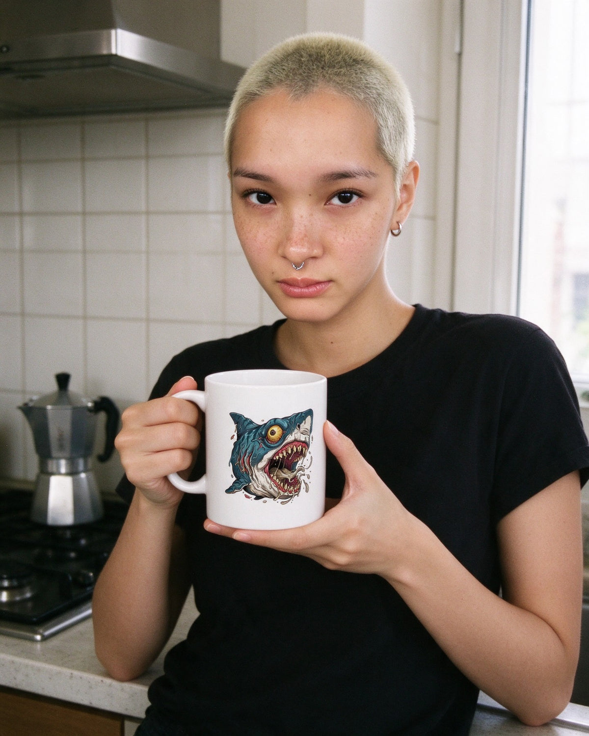 Psycho Shark Mug worn on the street — Urban Kong