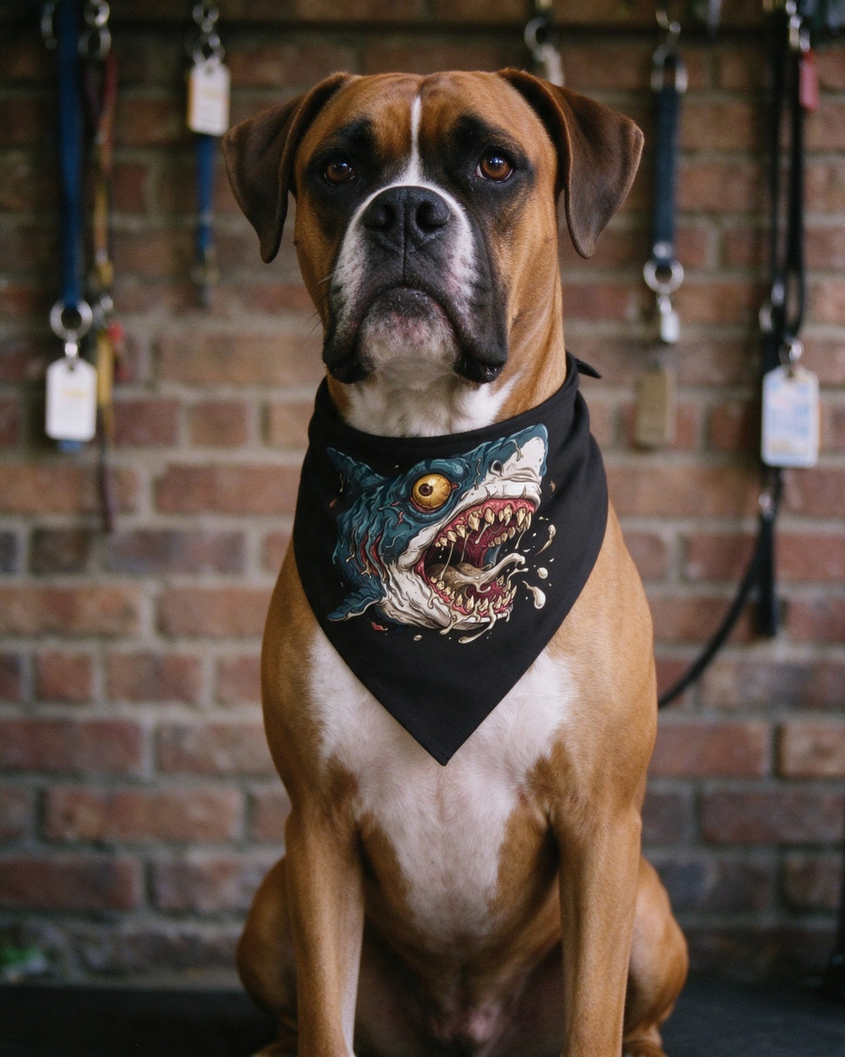 Psycho Shark Pet Bandana in use — Urban Kong