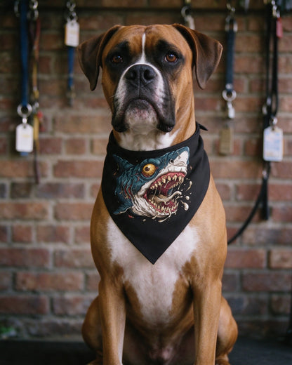 Psycho Shark Pet Bandana in use — Urban Kong