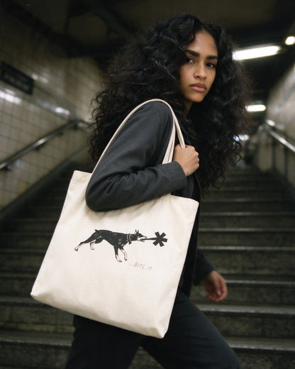 Dober Bite Tote Bag worn on the street — Urban Kong