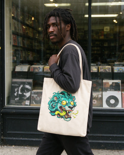 Psycho Lion Tote Bag worn on the street — Urban Kong