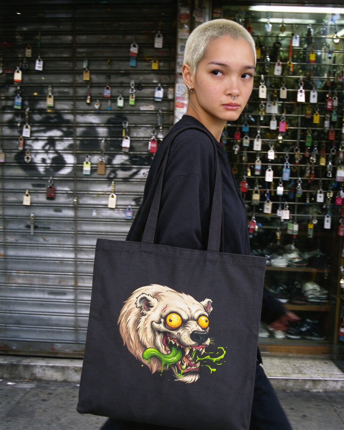 Psycho Polar Bear Tote Bag worn on the street — Urban Kong