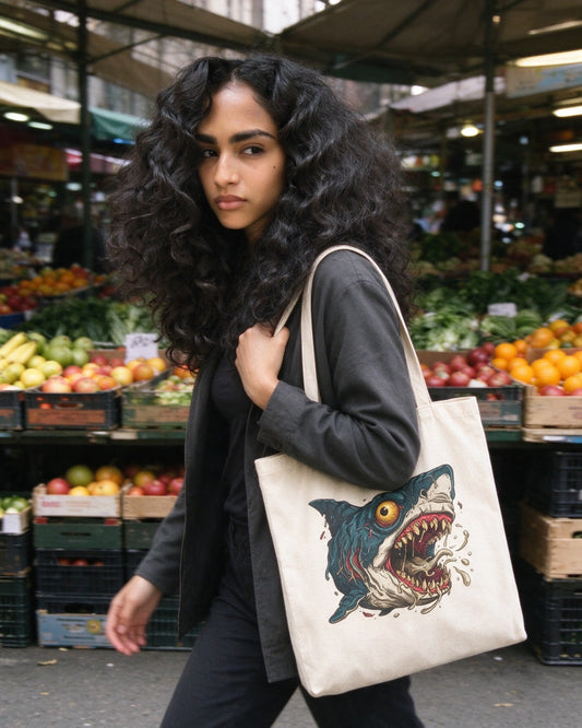 Psycho Shark Tote Bag worn on the street — Urban Kong