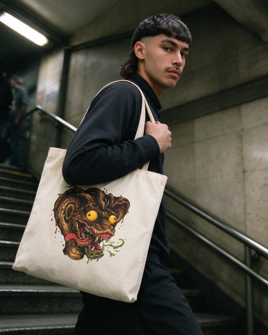 Psycho Snake Tote Bag worn on the street — Urban Kong