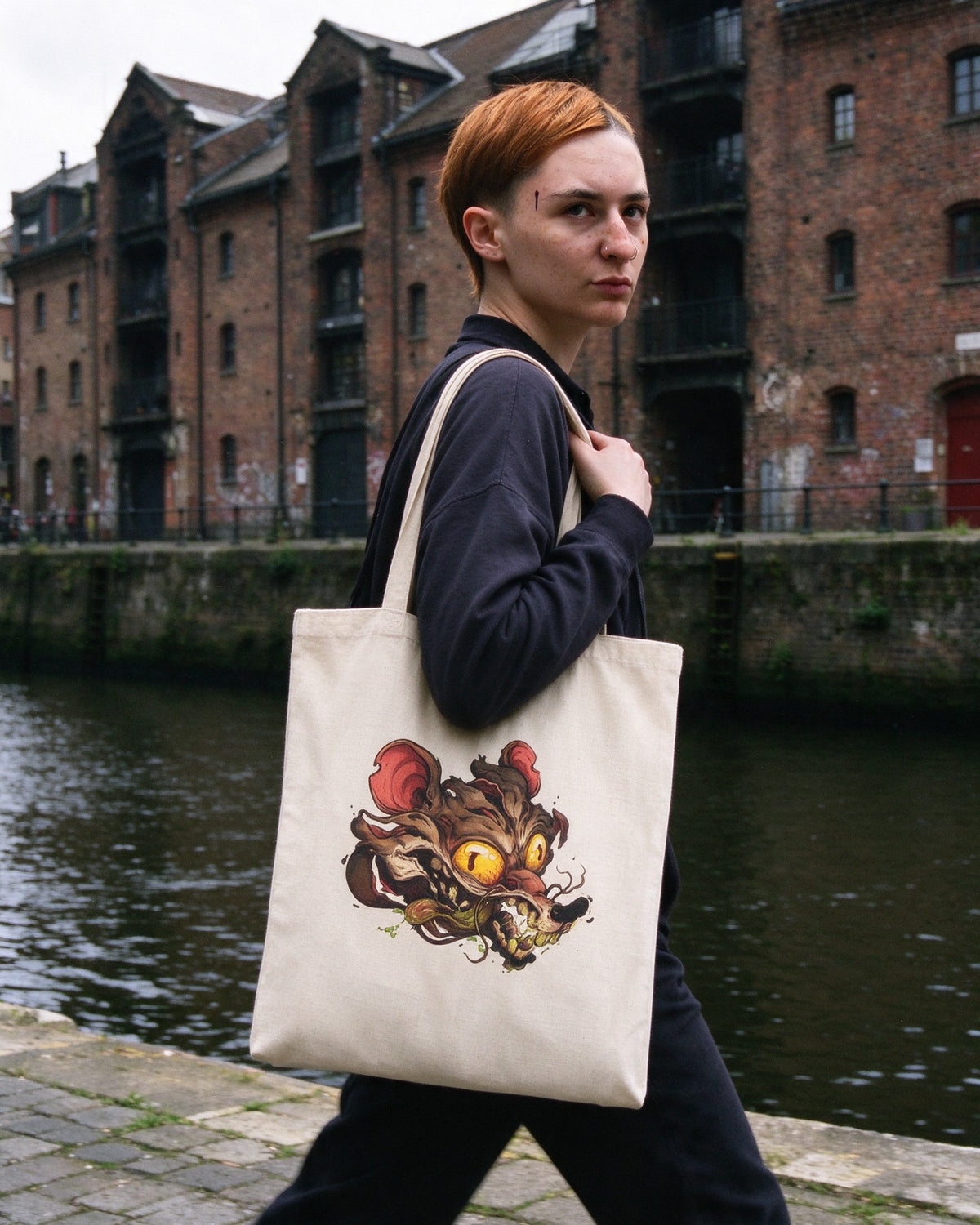Rabid Rat Tote Bag worn on the street — Urban Kong