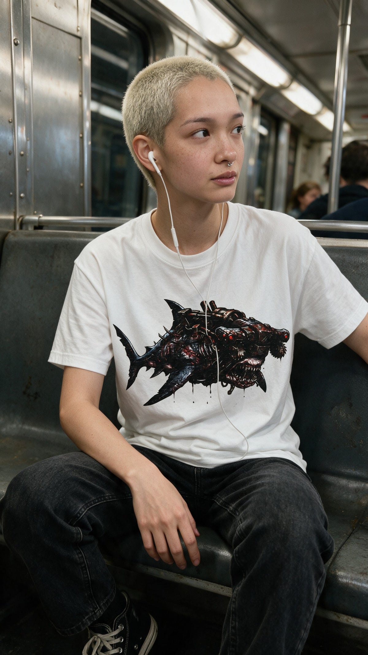 Horror Shark II T-Shirt worn on the street — Urban Kong