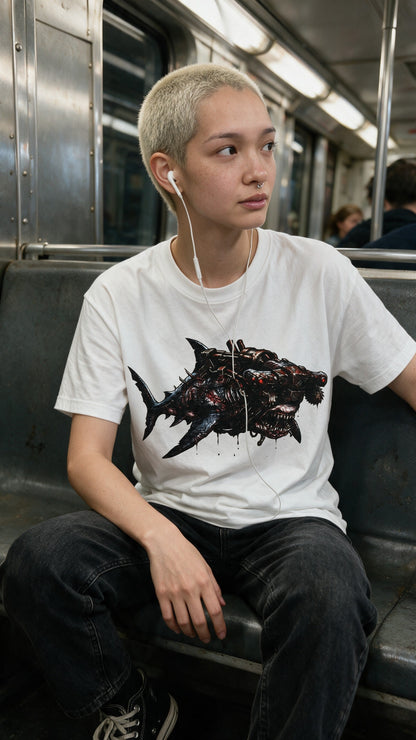 Horror Shark II T-Shirt worn on the street — Urban Kong