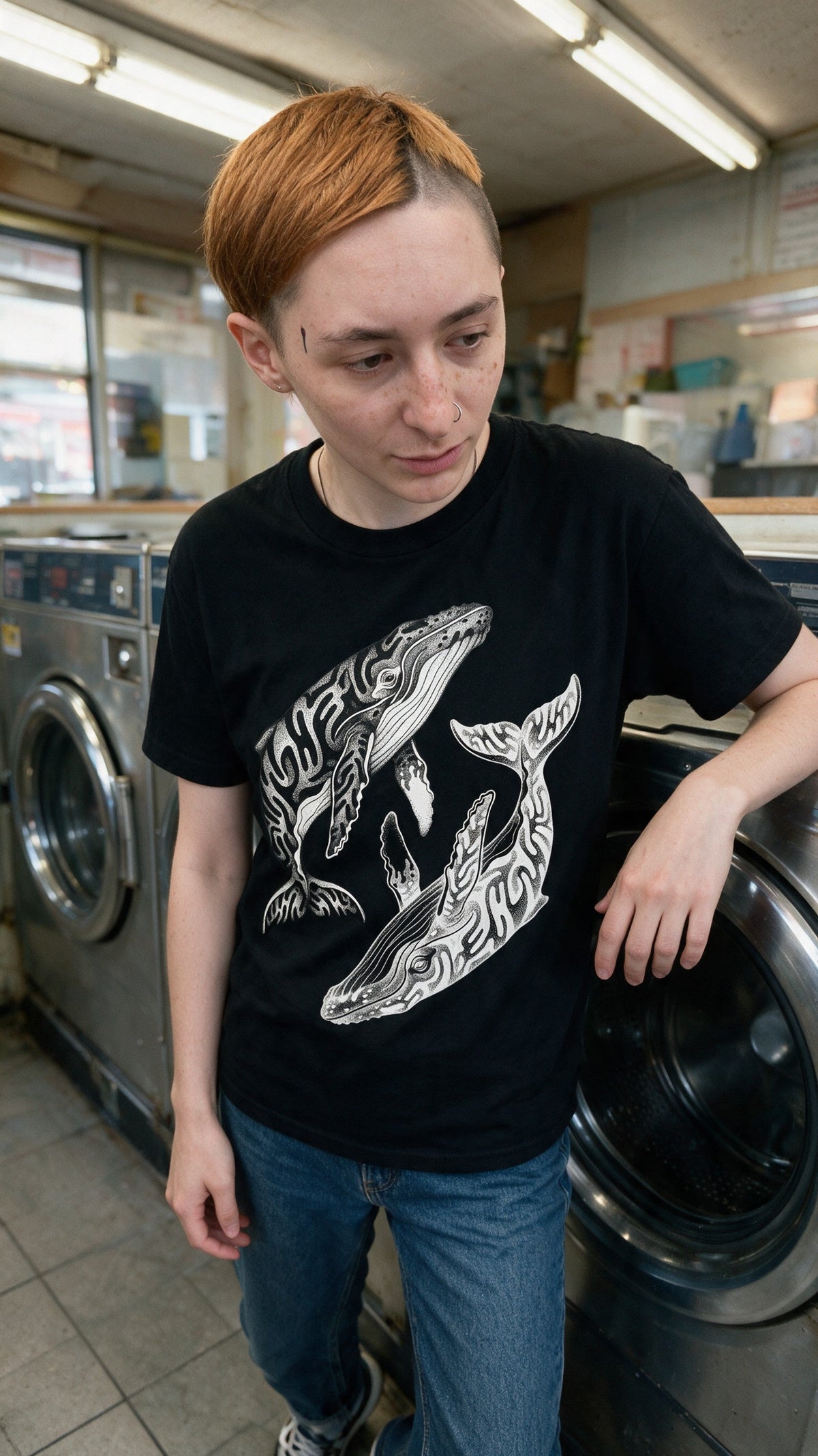 Yin Yang Whales T-Shirt worn on the street — Urban Kong