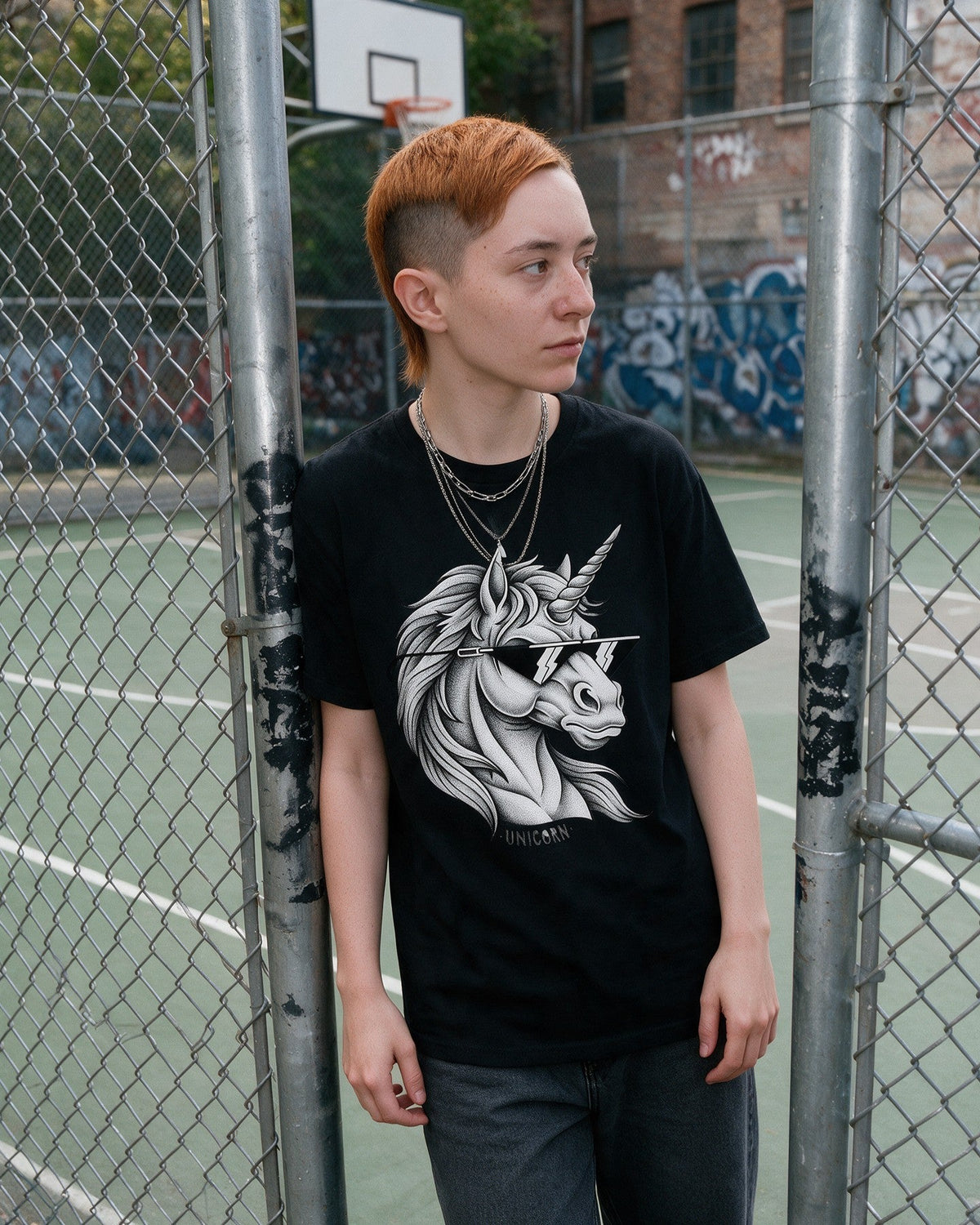 Unicorn Shades T-Shirt in Black worn on the street — Urban Kong