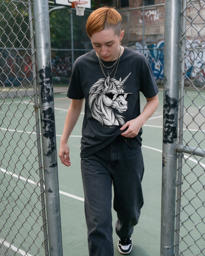 Unicorn Shades T-Shirt in Dark Heather worn on the street — Urban Kong
