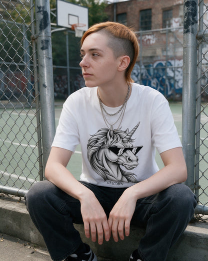 Unicorn Shades T-Shirt in White worn on the street — Urban Kong