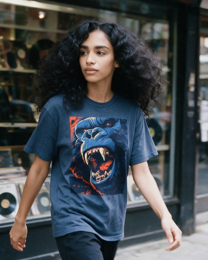 Untamed Power T-Shirt in Heather Indigo worn on the street — Urban Kong