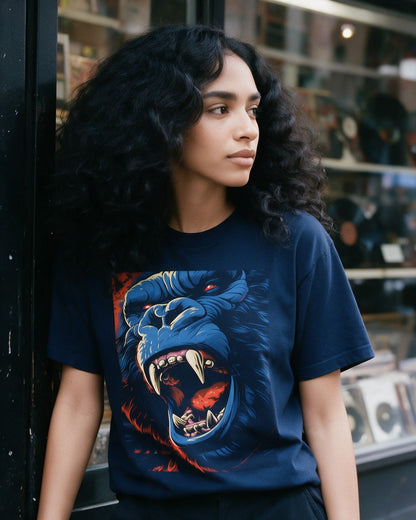 Untamed Power T-Shirt in Navy worn on the street — Urban Kong
