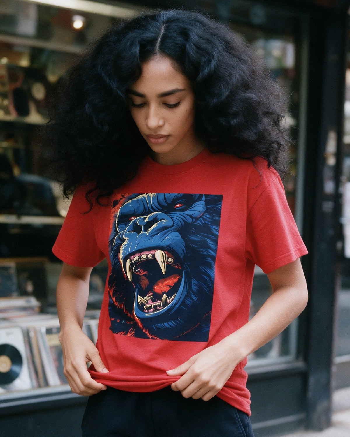 Untamed Power T-Shirt in Red worn on the street — Urban Kong