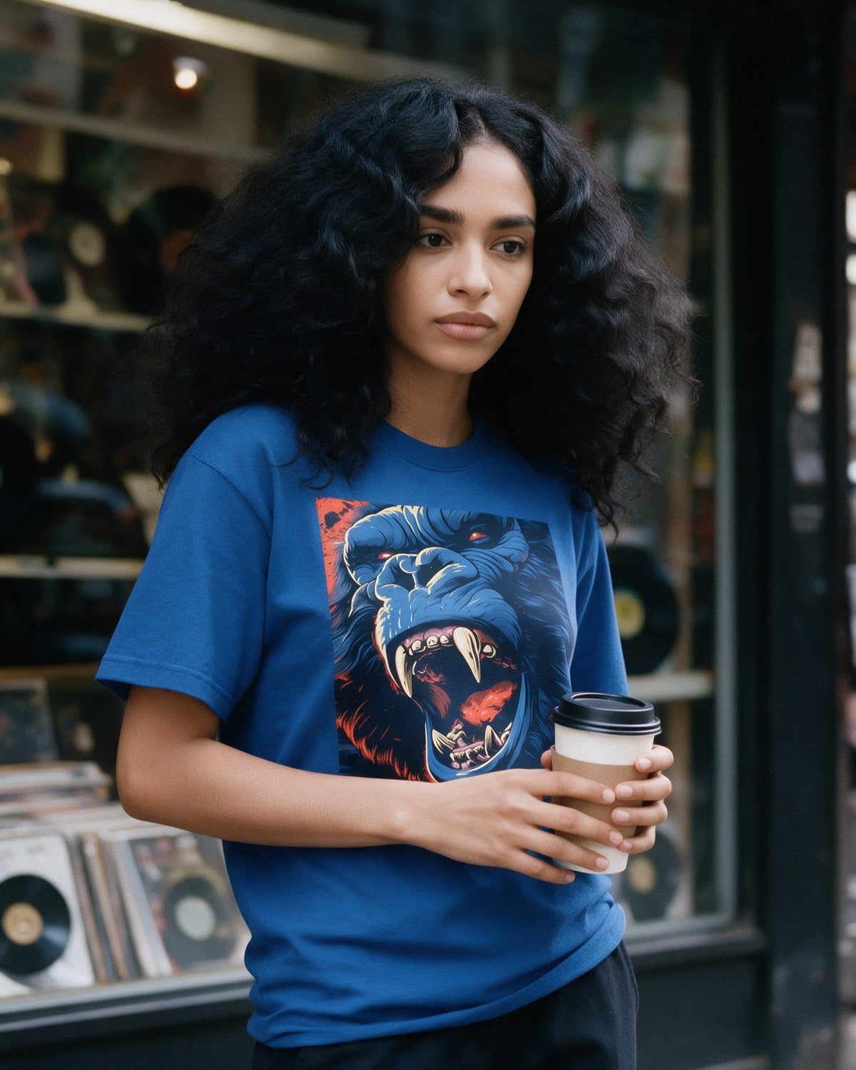 Untamed Power T-Shirt in Sapphire worn on the street — Urban Kong