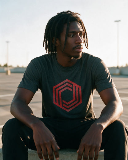Urban Angles T-Shirt in Dark Heather worn on the street — Urban Kong