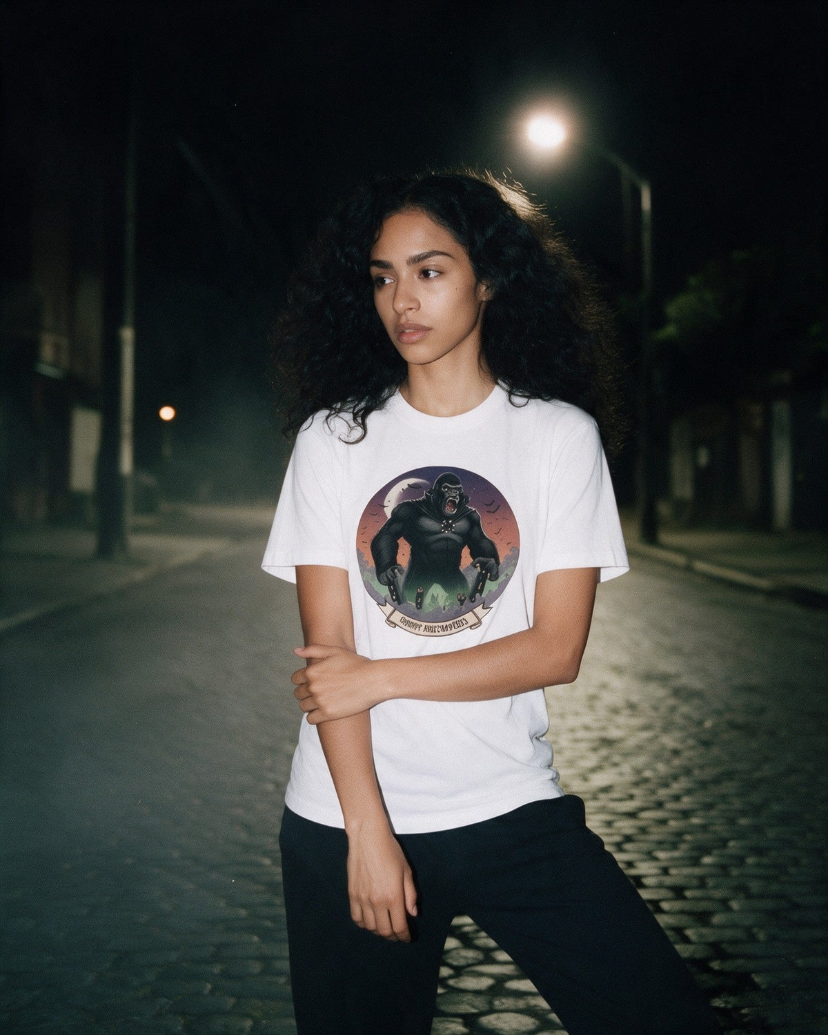 Urban Dracula-Kong T-Shirt in White worn on the street — Urban Kong
