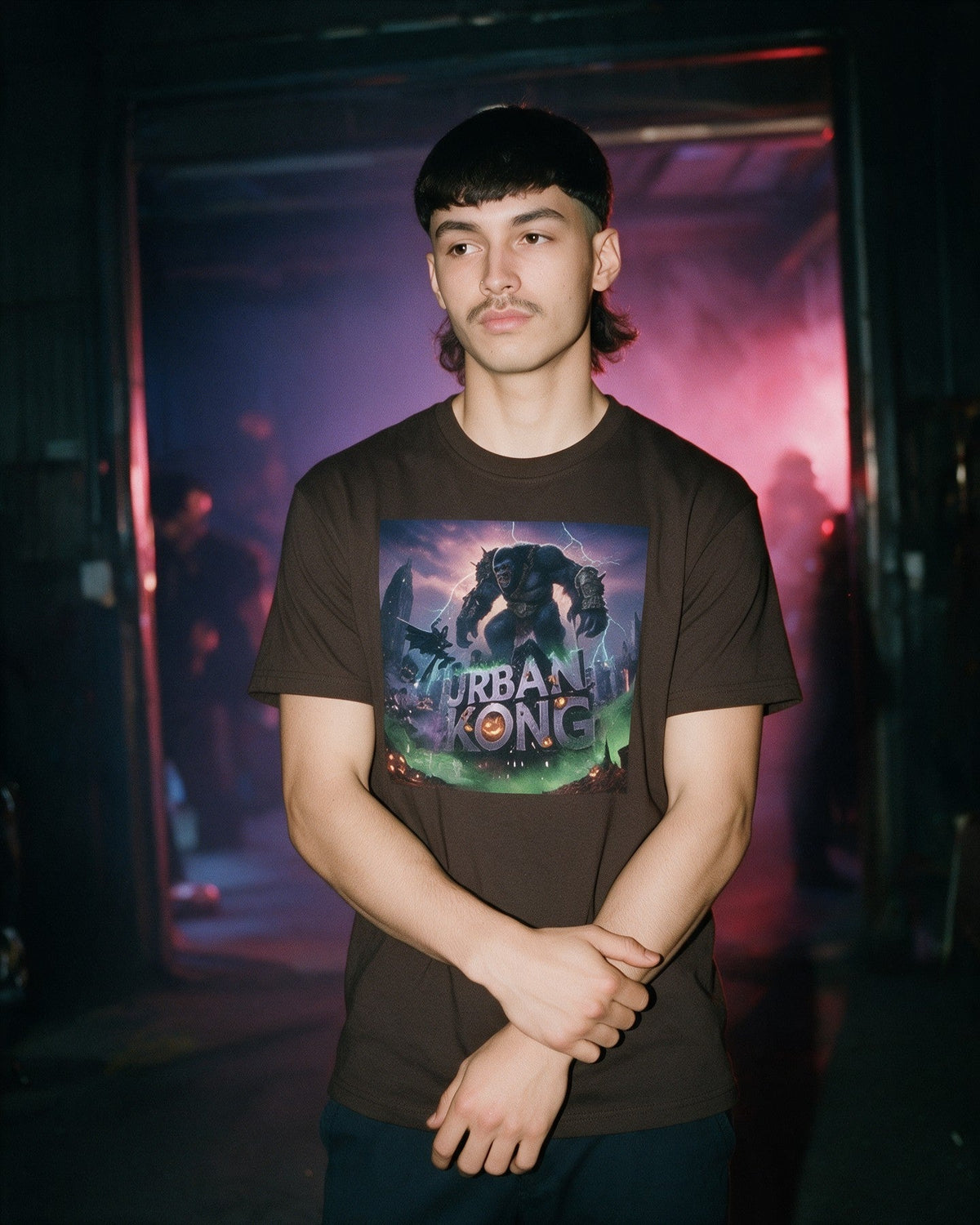 Urban Ghotam T-Shirt in Dark Chocolate worn on the street — Urban Kong
