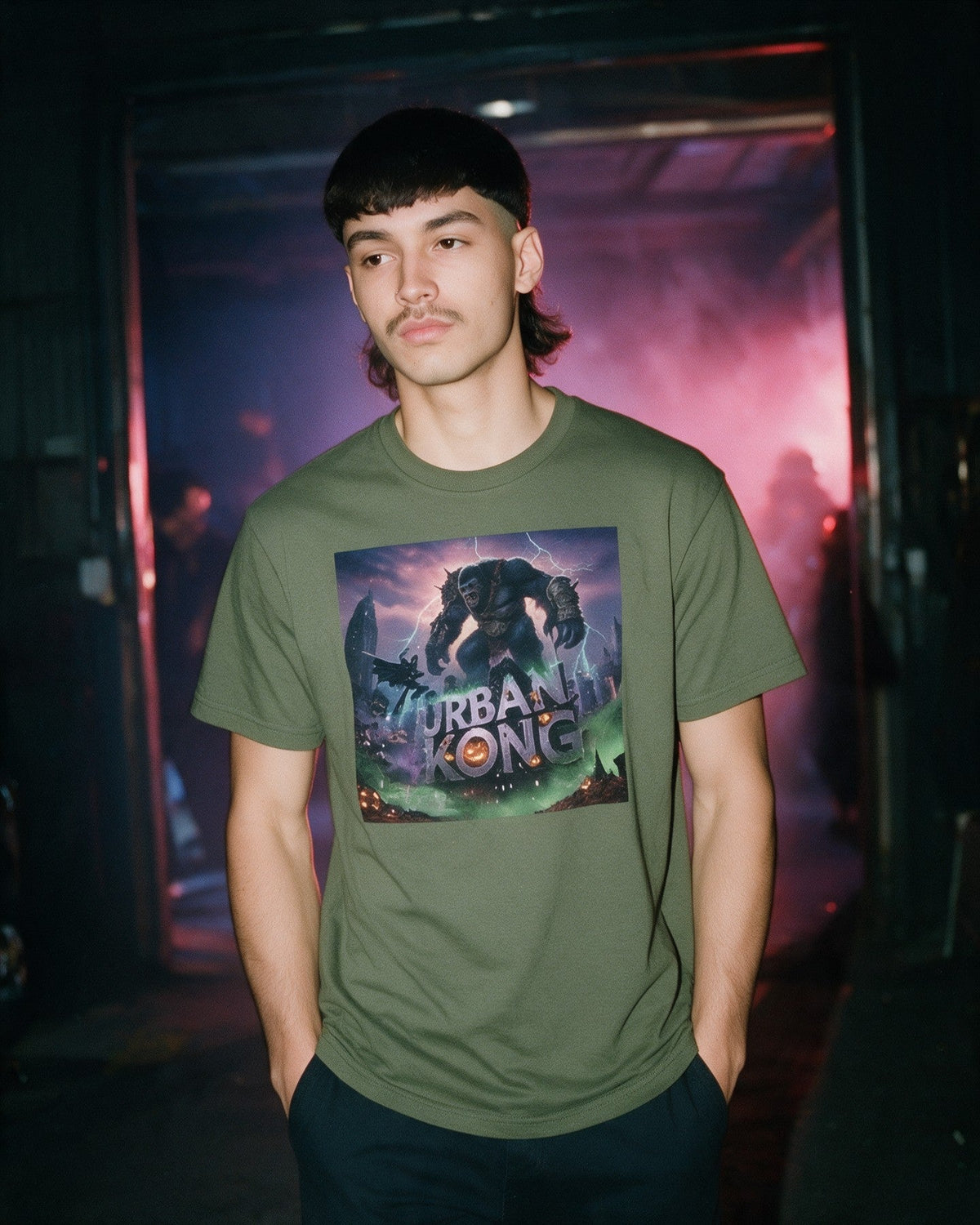 Urban Ghotam T-Shirt in Military Green worn on the street — Urban Kong