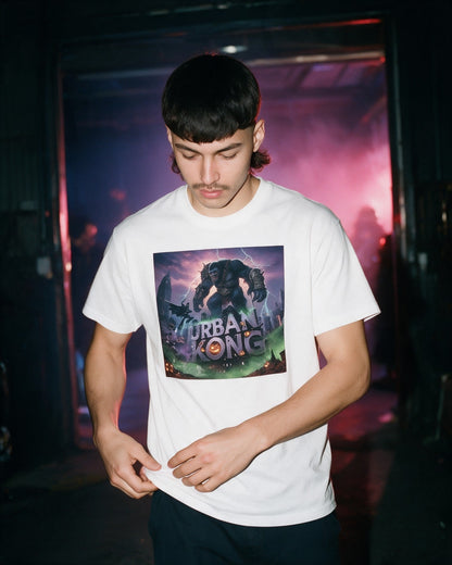 Urban Ghotam T-Shirt in White worn on the street — Urban Kong