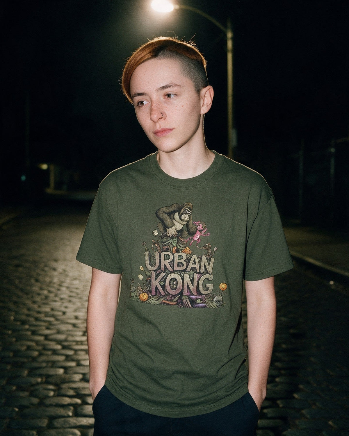 Urban Kong Zombie T-Shirt in Military Green worn on the street — Urban Kong