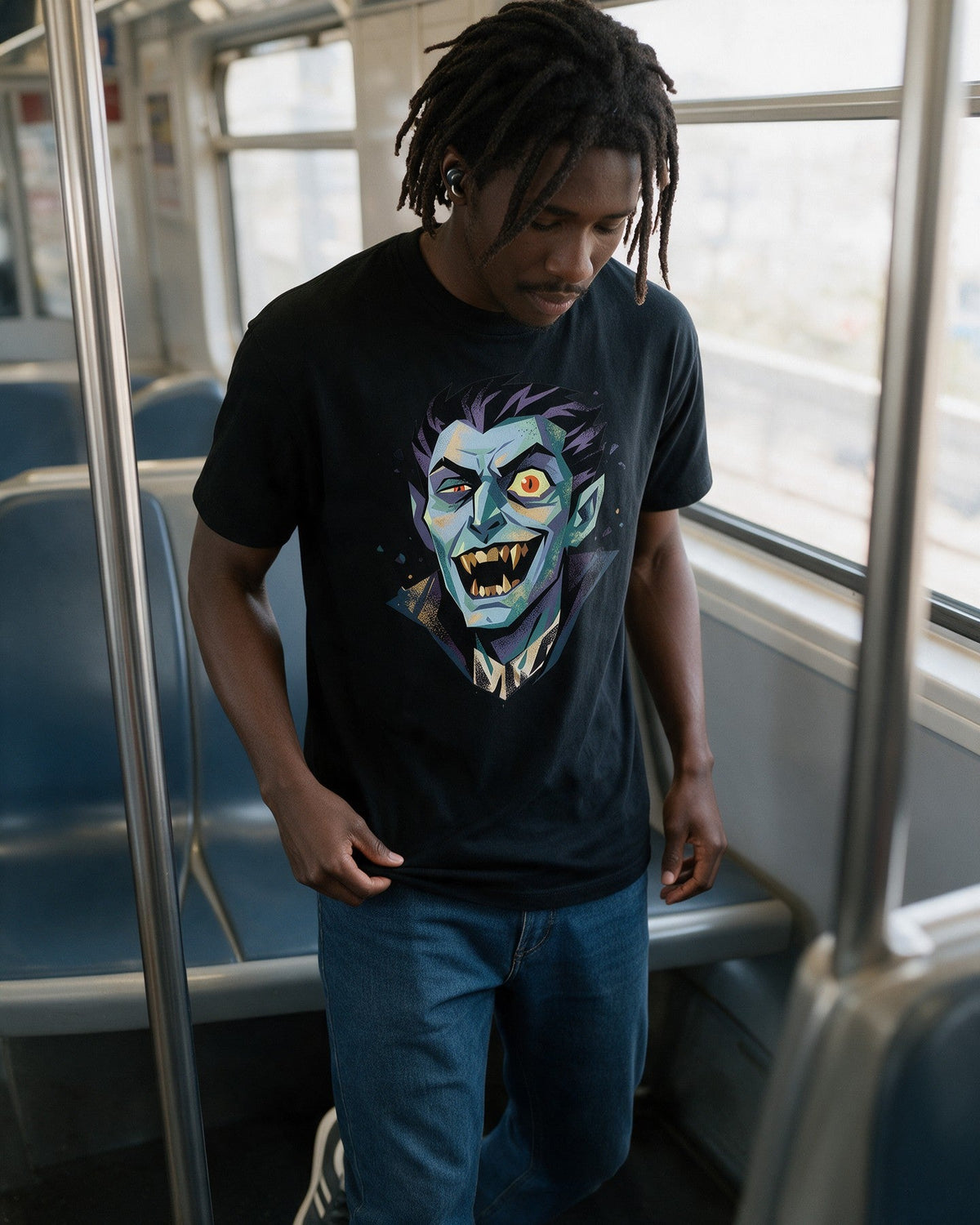 Vampire Grin T-Shirt in Black worn on the street — Urban Kong