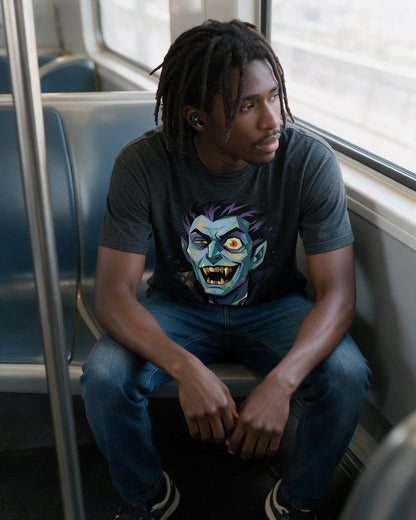 Vampire Grin T-Shirt in Dark Heather worn on the street — Urban Kong