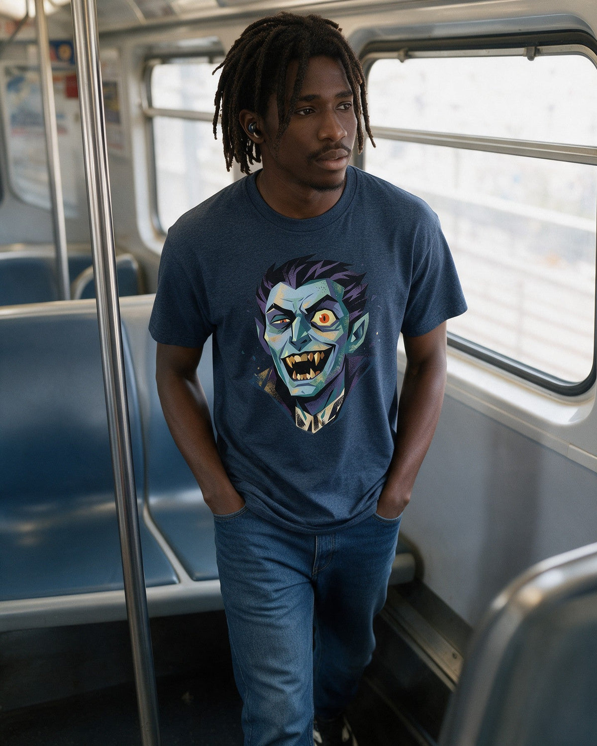 Vampire Grin T-Shirt in Heather Navy worn on the street — Urban Kong