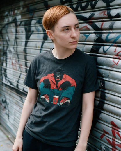 Vintage Kong T-Shirt in Dark Heather worn on the street — Urban Kong