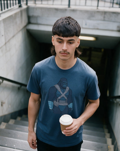 Galactic Kong T-Shirt in Heather Indigo worn on the street — Urban Kong