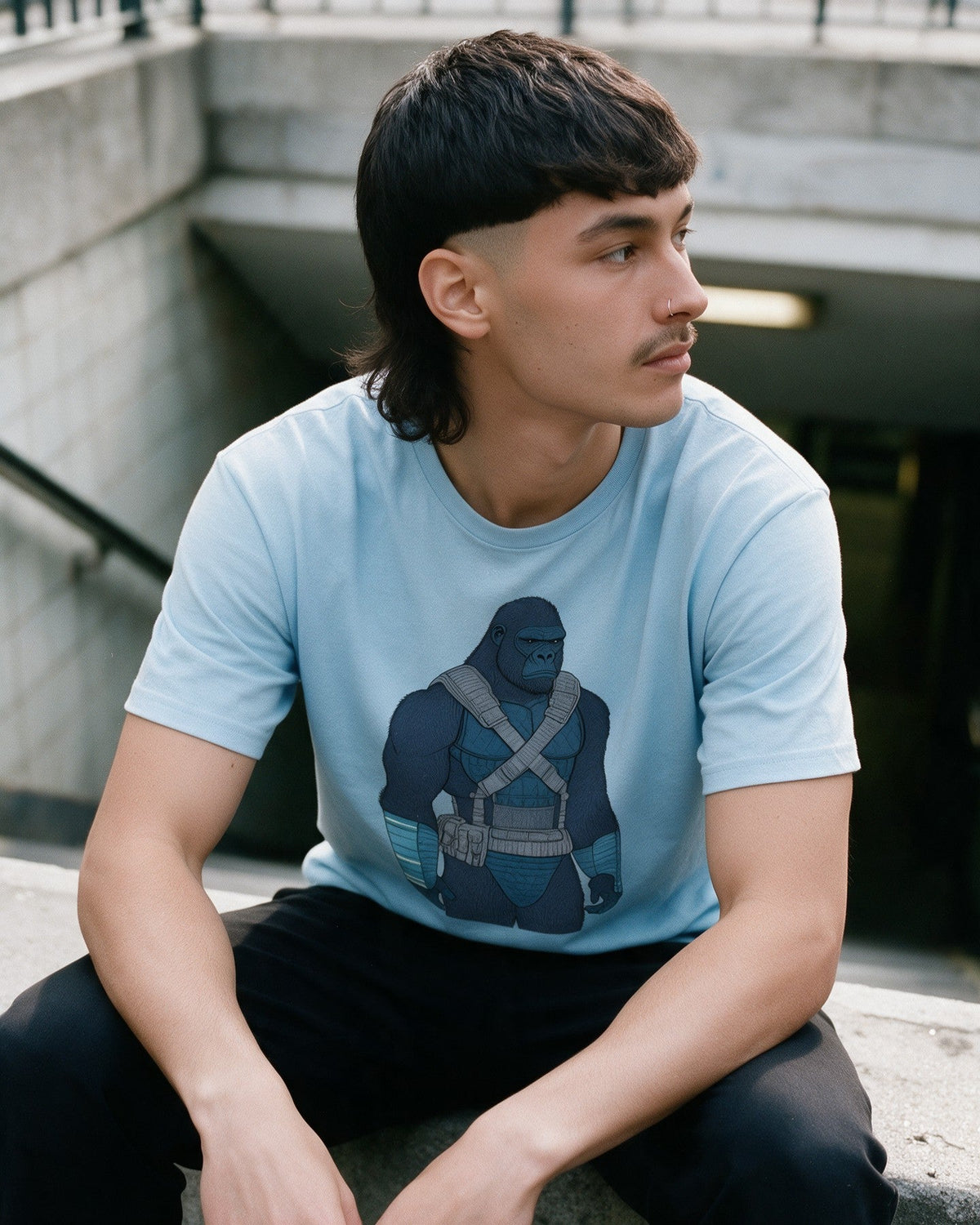 Galactic Kong T-Shirt in Light Blue worn on the street — Urban Kong