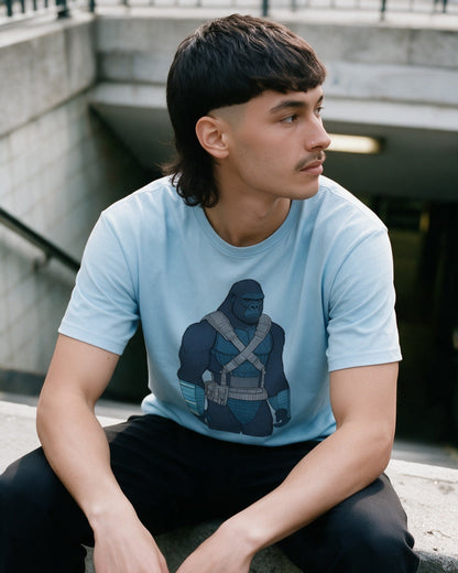 Galactic Kong T-Shirt in Light Blue worn on the street — Urban Kong