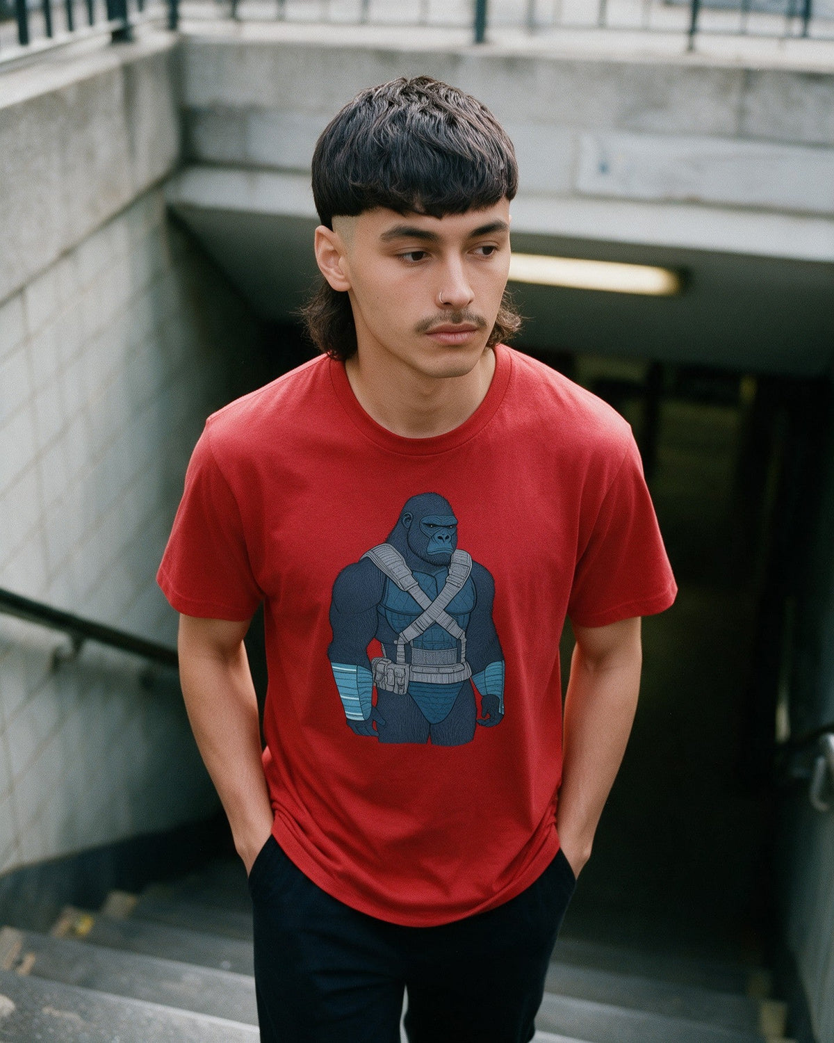 Galactic Kong T-Shirt in Red worn on the street — Urban Kong