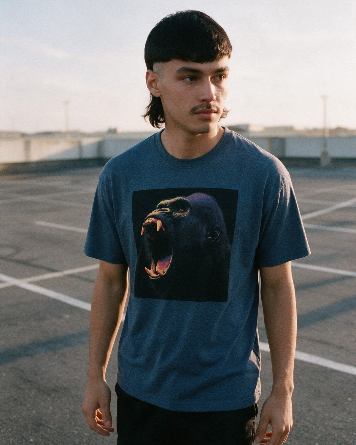 Wild Fury Kong T-Shirt in Heather Indigo worn on the street — Urban Kong