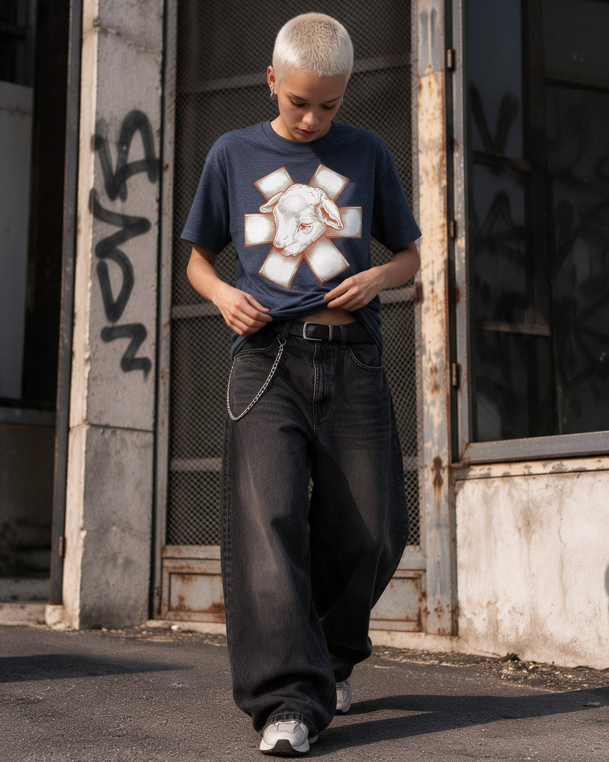 Wild Lamb T-Shirt in Heather Navy worn on the street — Urban Kong