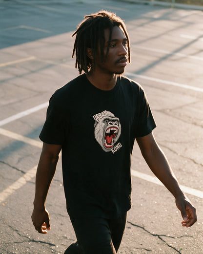 White Kong T-shirt in Black worn on the street — Urban Kong