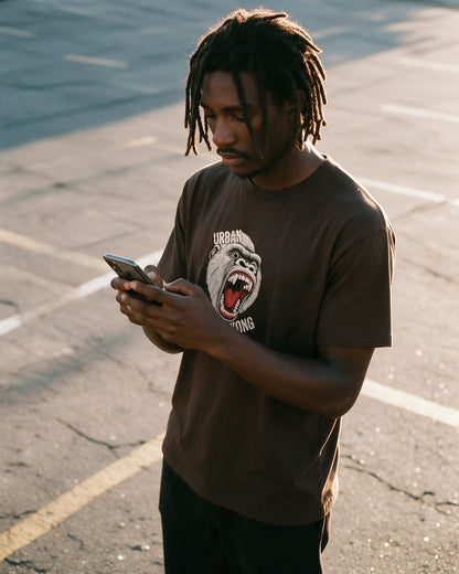 White Kong T-shirt in Dark Chocolate worn on the street — Urban Kong