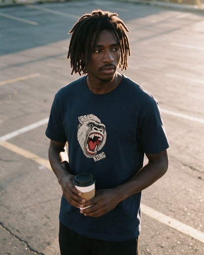 White Kong T-shirt in Navy worn on the street — Urban Kong