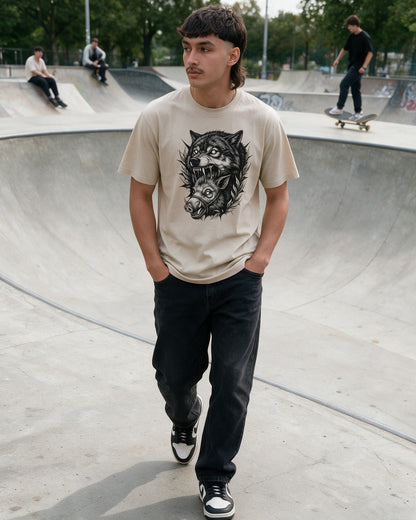 Wolf Bite T-Shirt in Sand worn on the street — Urban Kong