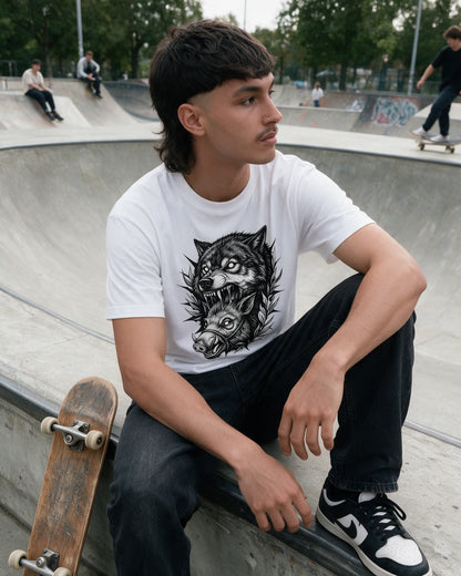 Wolf Bite T-Shirt in White worn on the street — Urban Kong