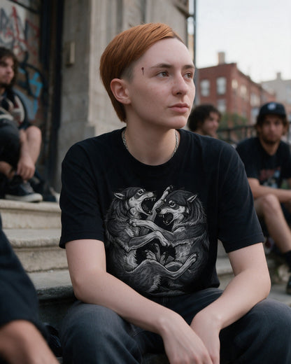 Wolf Fight T-Shirt in Black worn on the street — Urban Kong