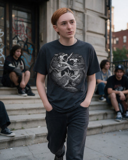 Wolf Fight T-Shirt in Dark Heather worn on the street — Urban Kong