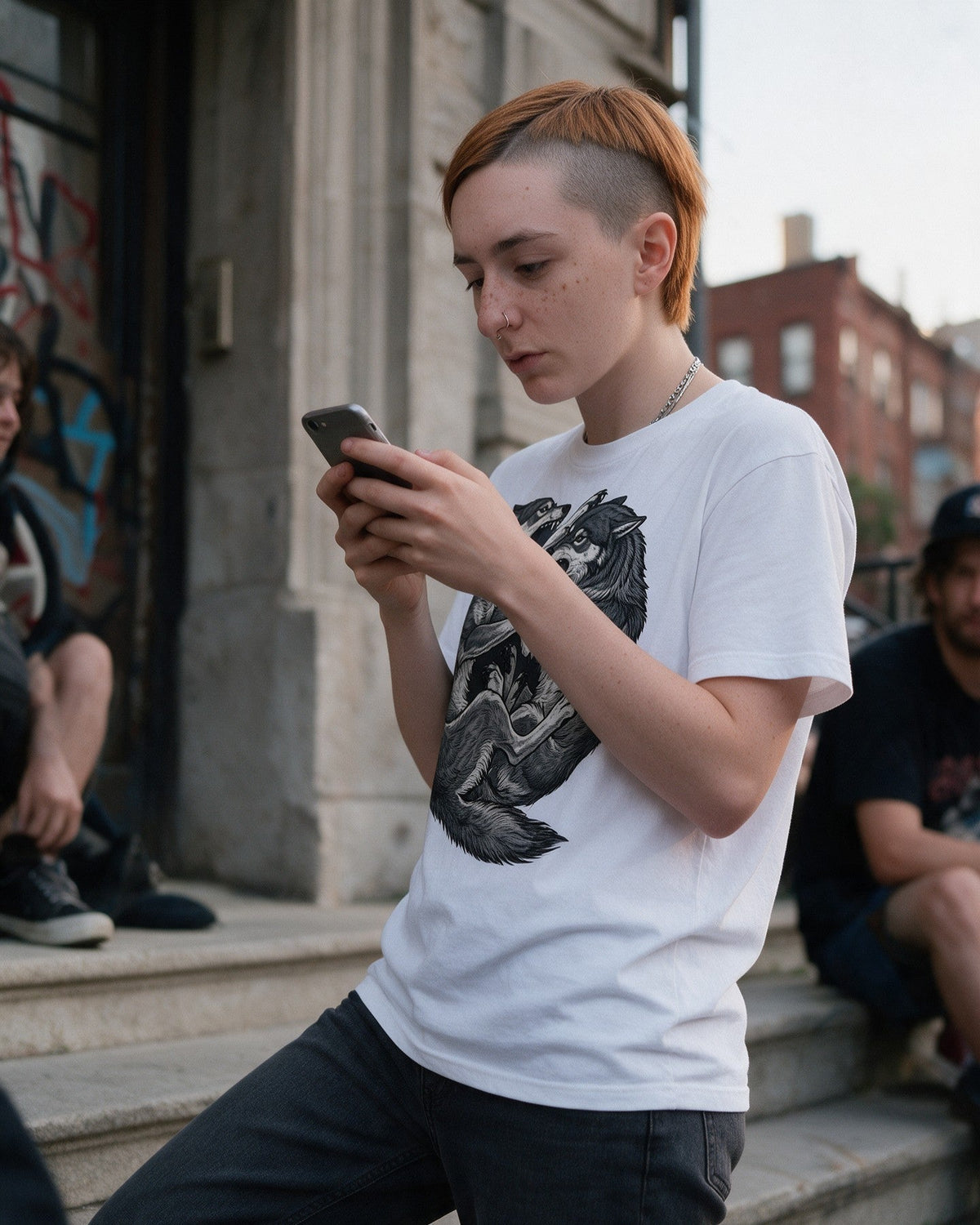 Wolf Fight T-Shirt in White worn on the street — Urban Kong