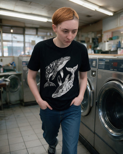 Yin Yang Whales T-Shirt in Black worn on the street — Urban Kong