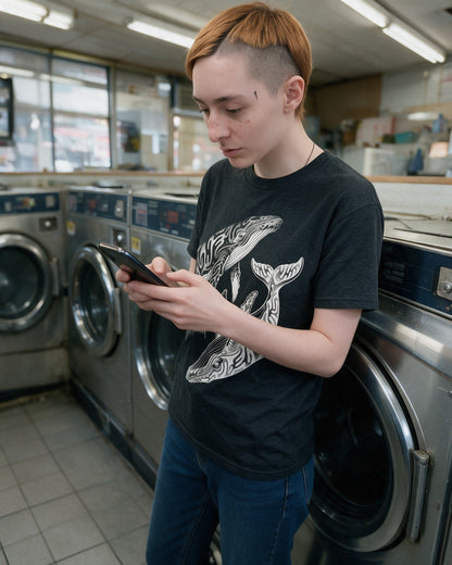 Yin Yang Whales T-Shirt in Dark Heather worn on the street — Urban Kong
