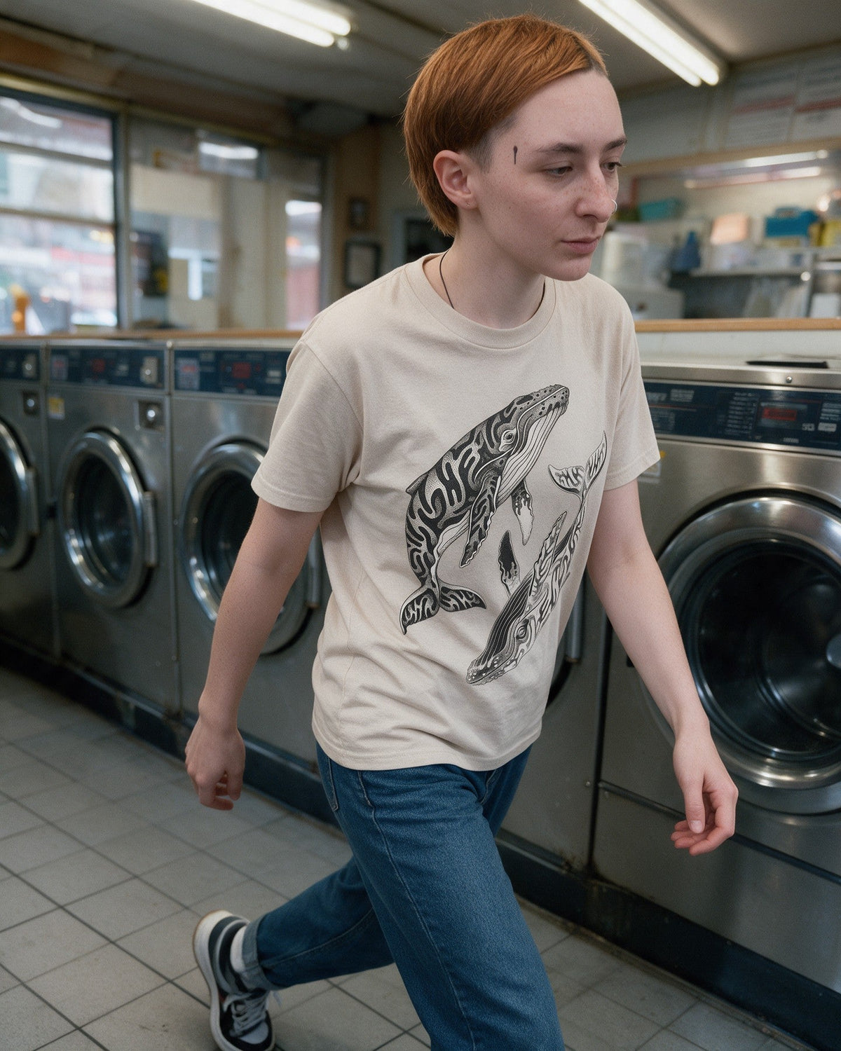 Yin Yang Whales T-Shirt in Sand worn on the street — Urban Kong