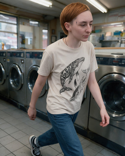 Yin Yang Whales T-Shirt in Sand worn on the street — Urban Kong