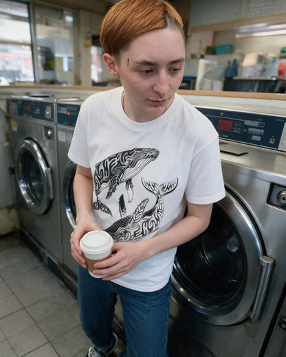 Yin Yang Whales T-Shirt in White worn on the street — Urban Kong